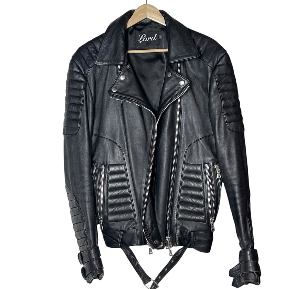 Lord Quilted Padded Moto Leather Jacket Black Size M Belted Zip Front Buckle